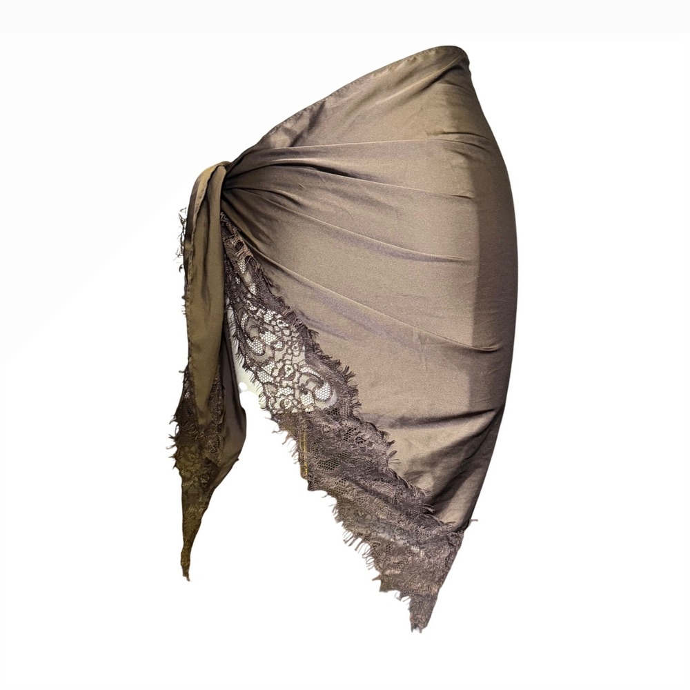 Vintage Y2K Brown Satin Lace Trim Wrap Skirt Sarong Boho Coquette Indie⁠